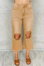Brown Distressed Hollow-out Cropped Flare Jeans - Image 4