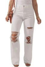 Distressed Straight Leg Jeans - White - Image 5