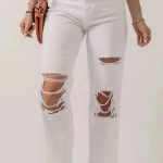 Distressed Straight Leg Jeans - White