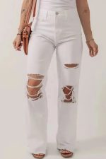 Distressed Straight Leg Jeans - White