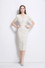 Donna Slim Fit White Lace Cut Out Dress with Inner Slip - Image 3