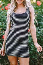 Black Stripe Ribbed Knit Sleeveless Mini Dress - Image 6