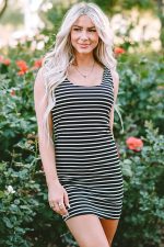 Black Stripe Ribbed Knit Sleeveless Mini Dress - Image 2