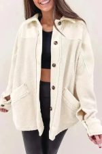Beige Button-Up Stitching Pocket Raw Hem Shacket - Image 3