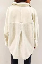 Beige Button-Up Stitching Pocket Raw Hem Shacket - Image 2