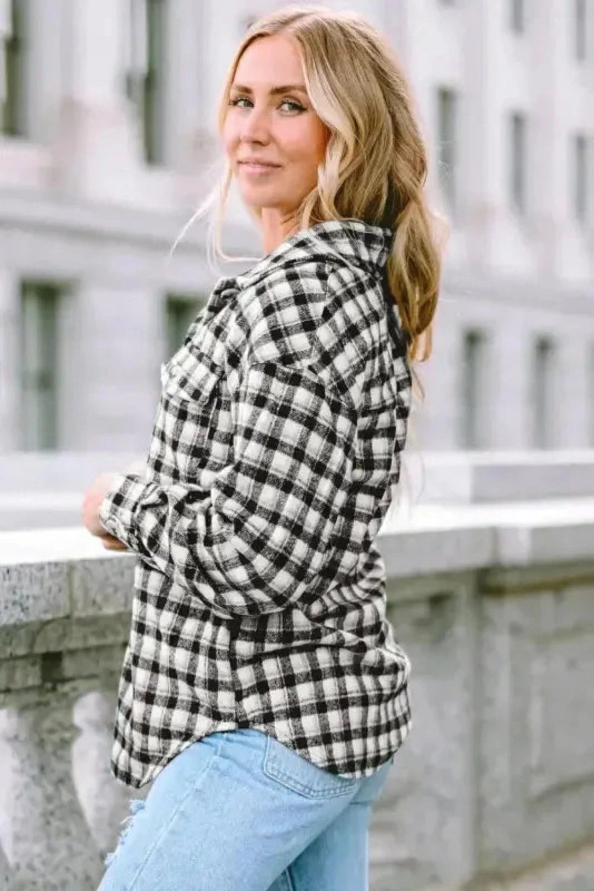 Plaid Button-Up Tunic Shacket with Pockets - Image 4