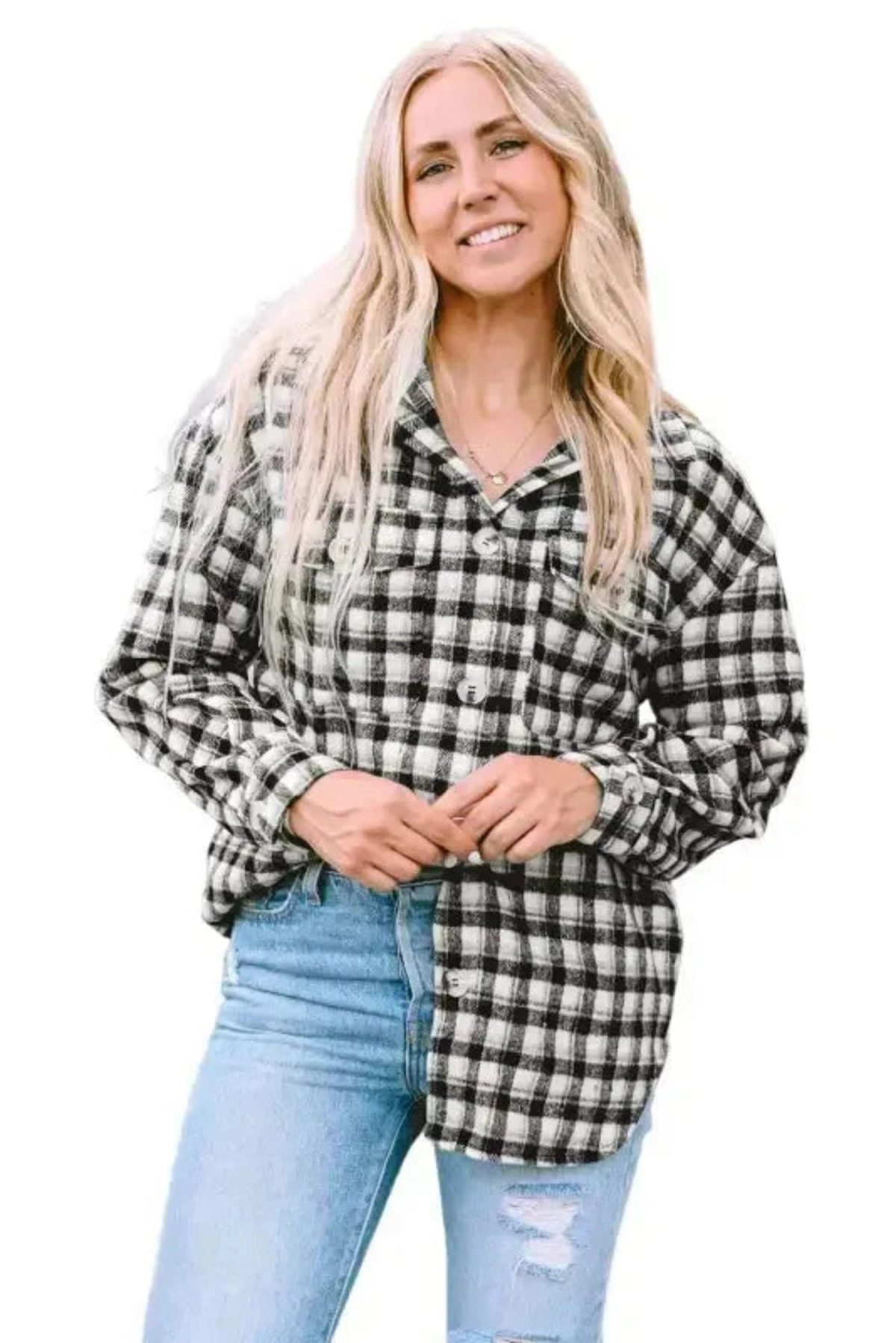 Plaid Button-Up Tunic Shacket with Pockets - Image 1