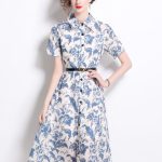 Floral Cinched Waist A Line Work Shirt Dress