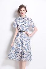 Floral Cinched Waist A Line Work Shirt Dress - Image 8