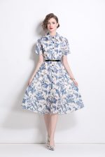Floral Cinched Waist A Line Work Shirt Dress - Image 3
