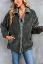 Gray Corduroy Trim Elbow Patch Sherpa Jacket - Image 3