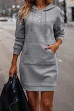 Gray Textured Kangaroo Pocket Drawstring Hooded Mini Dress - Image 7