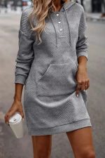 Gray Textured Kangaroo Pocket Drawstring Hooded Mini Dress - Image 4