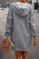 Gray Textured Kangaroo Pocket Drawstring Hooded Mini Dress - Image 2