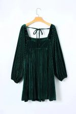Green Tie Back Square Neck Velvet Babydoll Dress - Image 2