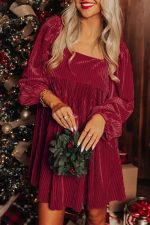 Green Tie Back Square Neck Velvet Babydoll Dress - Image 14