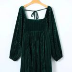 Green Tie Back Square Neck Velvet Babydoll Dress