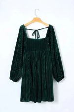 Green Tie Back Square Neck Velvet Babydoll Dress - Image 8