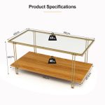 NNECW 2 Tier Rectangular Coffee Table with Gold Steel Frame and Storage Shelf for Living Room - Image 4