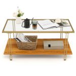 NNECW 2 Tier Rectangular Coffee Table with Gold Steel Frame and Storage Shelf for Living Room - Image 2