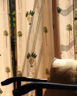 Off-White & Green Hand Block Printed Linen Curtains | Palm Tree Design - Image 3