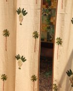 Off-White & Green Hand Block Printed Linen Curtains | Palm Tree Design - Image 2