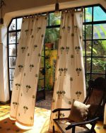 Off-White & Green Hand Block Printed Linen Curtains | Palm Tree Design