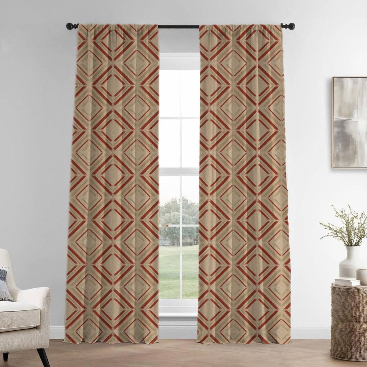 Earthy Brown & Terracotta Diamond Linen Curtains - Light Filtering or Blackout - Standard & Made to Measure - Image 4