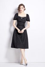 Jacquard Hand Beaded Square Neck Puff Sleeve Midi Dress - Image 6