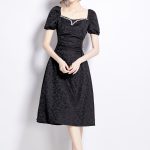 Jacquard Hand Beaded Square Neck Puff Sleeve Midi Dress