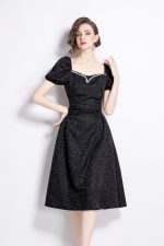 Jacquard Hand Beaded Square Neck Puff Sleeve Midi Dress - Image 2