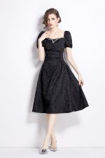 Jacquard Hand Beaded Square Neck Puff Sleeve Midi Dress - Image 3
