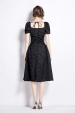 Jacquard Hand Beaded Square Neck Puff Sleeve Midi Dress - Image 4
