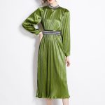 Lantern Sleeve Waist Tie Heavily Beaded Pleated Dress