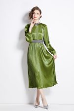 Lantern Sleeve Waist Tie Heavily Beaded Pleated Dress - Image 2