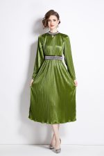 Lantern Sleeve Waist Tie Heavily Beaded Pleated Dress - Image 3