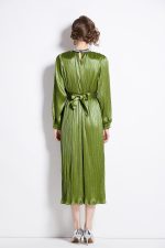 Lantern Sleeve Waist Tie Heavily Beaded Pleated Dress - Image 4