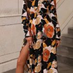 Orange Floral Print Tie Neck Long Sleeve Dress
