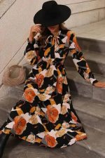 Orange Floral Print Tie Neck Long Sleeve Dress - Image 5