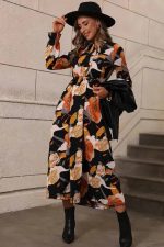 Orange Floral Print Tie Neck Long Sleeve Dress - Image 4