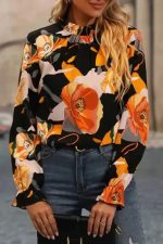 Orange Floral Print Tie Neck Long Sleeve Dress - Image 7