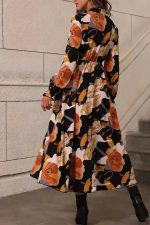 Orange Floral Print Tie Neck Long Sleeve Dress - Image 2