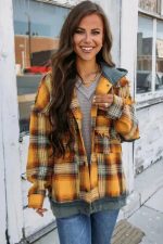Orange Plaid Hooded Snap Button Jacket - Image 5