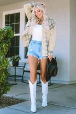 Plaid Patchwork Denim Jacket - Khaki, Distressed, Raw Edge - Image 5