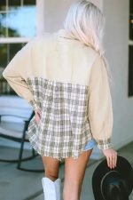 Plaid Patchwork Denim Jacket - Khaki, Distressed, Raw Edge - Image 2