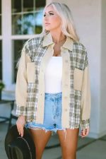 Plaid Patchwork Denim Jacket - Khaki, Distressed, Raw Edge - Image 4