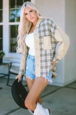 Plaid Patchwork Denim Jacket - Khaki, Distressed, Raw Edge - Image 3