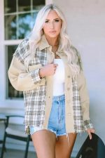 Plaid Patchwork Denim Jacket - Khaki, Distressed, Raw Edge - Image 8