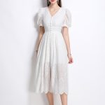 Plunging Neckline Lantern Sleeve Flowy White Maxi Dress