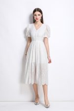 Plunging Neckline Lantern Sleeve Flowy White Maxi Dress